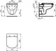Wandtoilette von Ideal Standard, skizzenhafte Darstellung mit Dimensionsangaben und Befestigungspunkten, in Weiß.